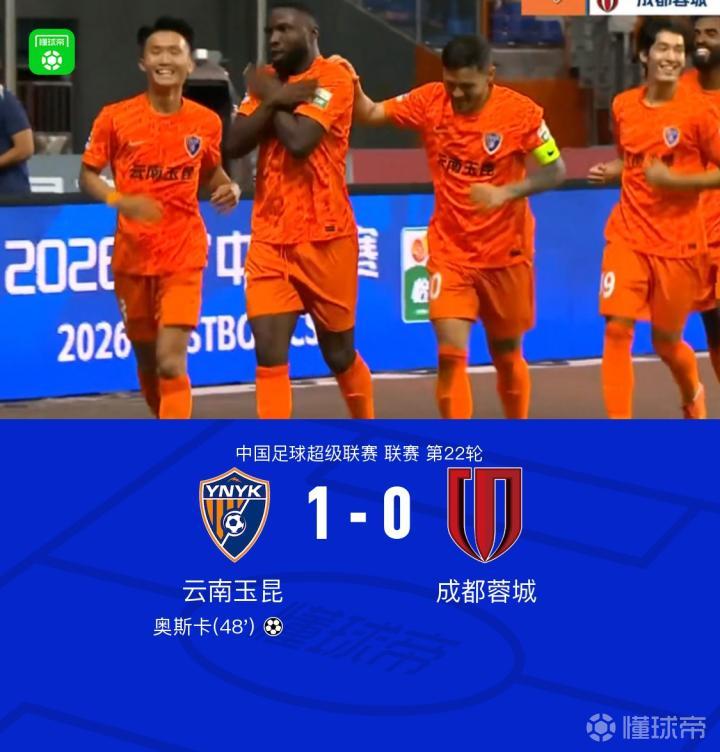 云南1-0战胜成都，奥斯卡进球，拜合拉木错失绝平良机